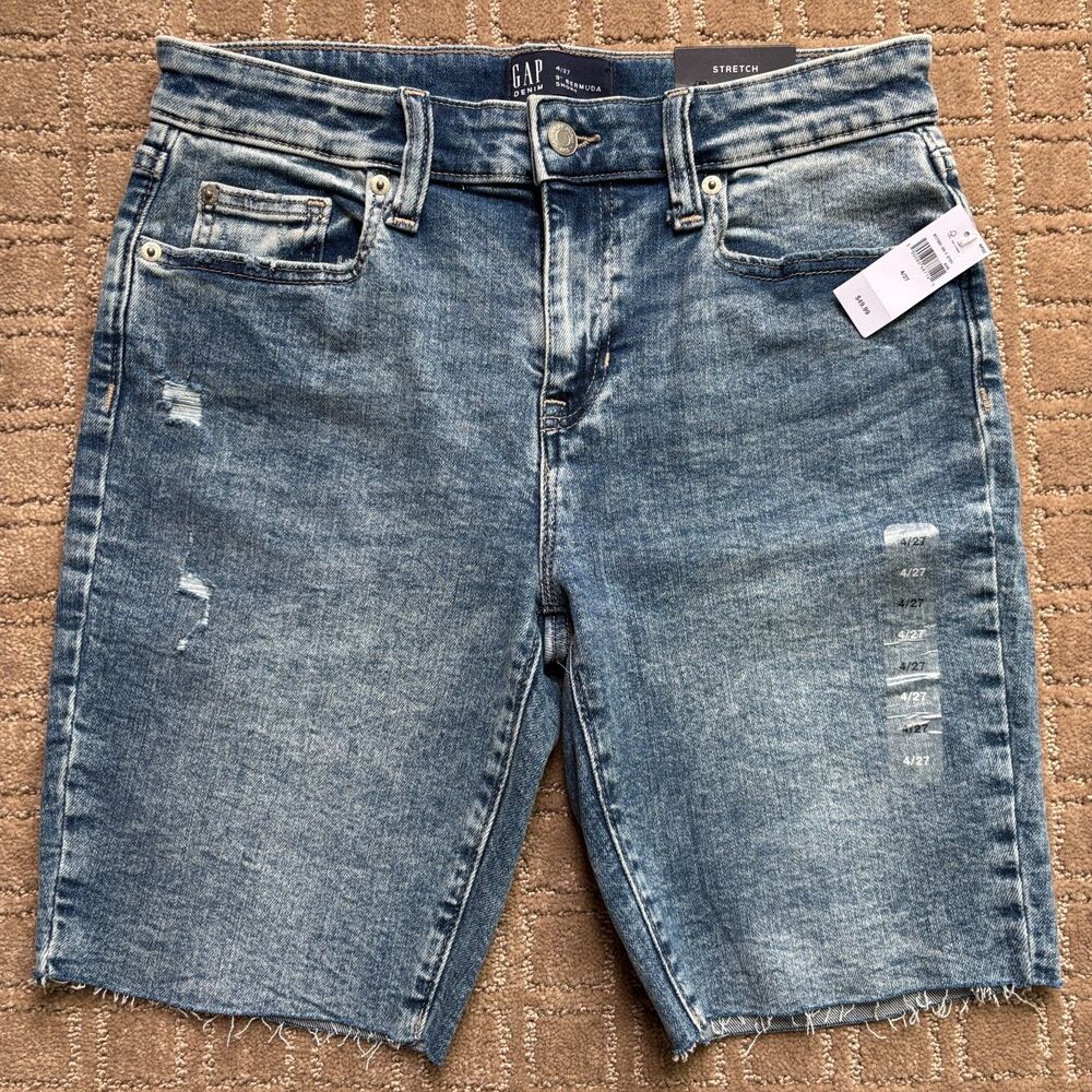Gap Jean Denim Bermuda Shorts Women's 4/27 Medium Wash 9" Stretch Cut Off NWT